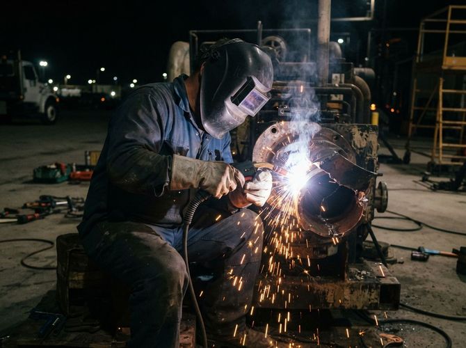 Welding worker in protective gear sparks metal at a dimly lit industrial site at night