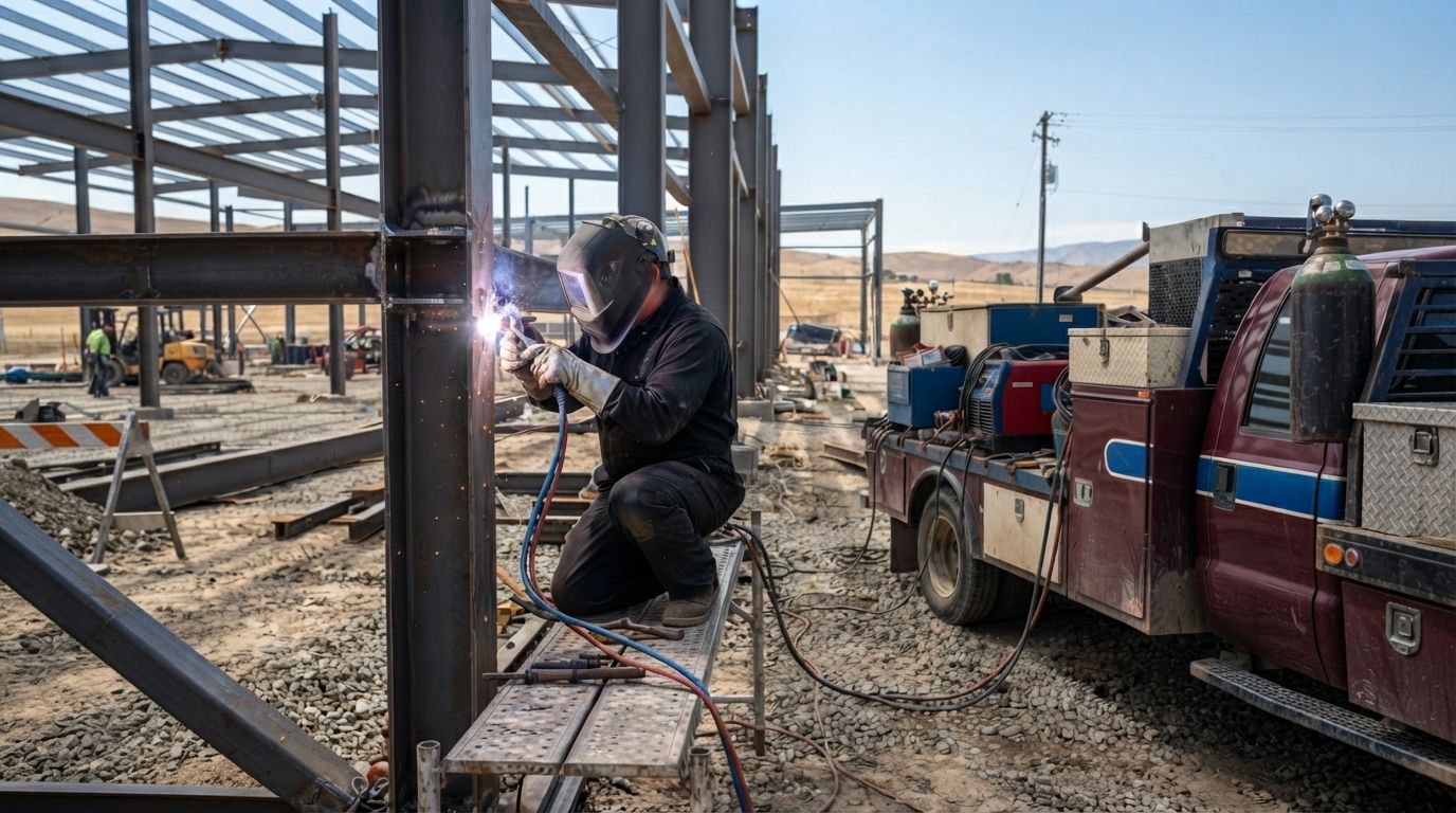 Welder crouches beside a steel frame on a construction site, with a truck and tools nearby.