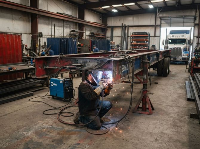 Worker welding a metal frame in a workshop, with sparks and tools around.