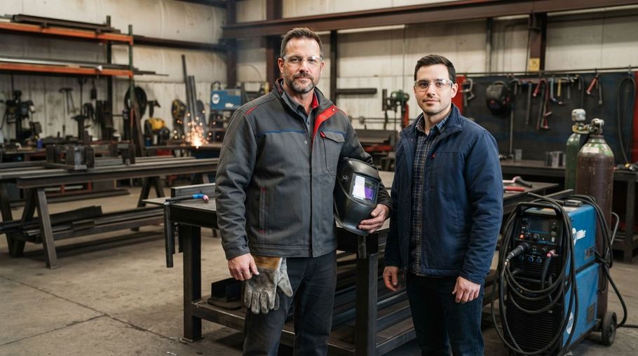 Two men stand in a workshop beside welding equipment and metal fabrication tools.