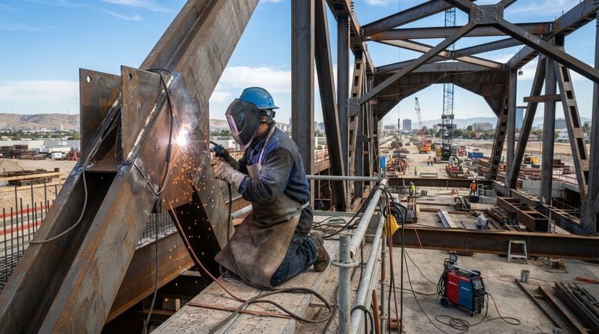 Welder in black protective gear welding steel frame beside a red work truck at a construction site