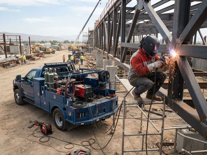 Worker welding steel beams beside a blue truck in a construction site