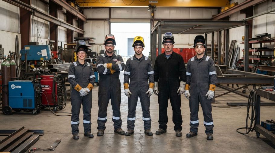 Five workers in dark coveralls and hard hats stand in an industrial workshop.