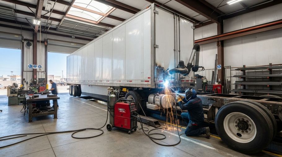 Mechanic welding beside a large white trailer in a warehouse garage