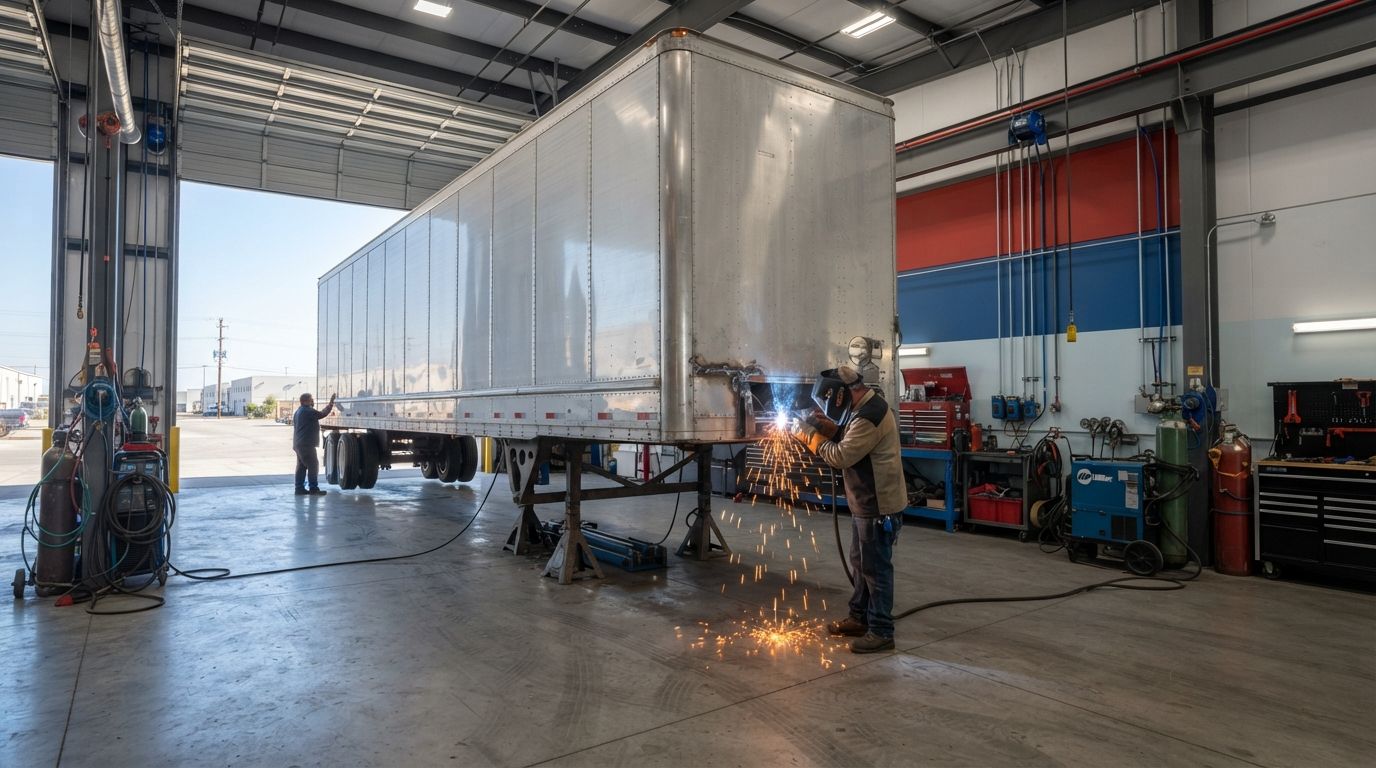 Workers welding under a large white semi-trailer in an industrial garage with sparks flying