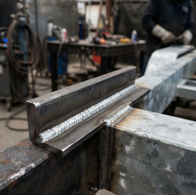 Close-up of a welded steel joint in a workshop, with a metal beam clamped on a workbench.