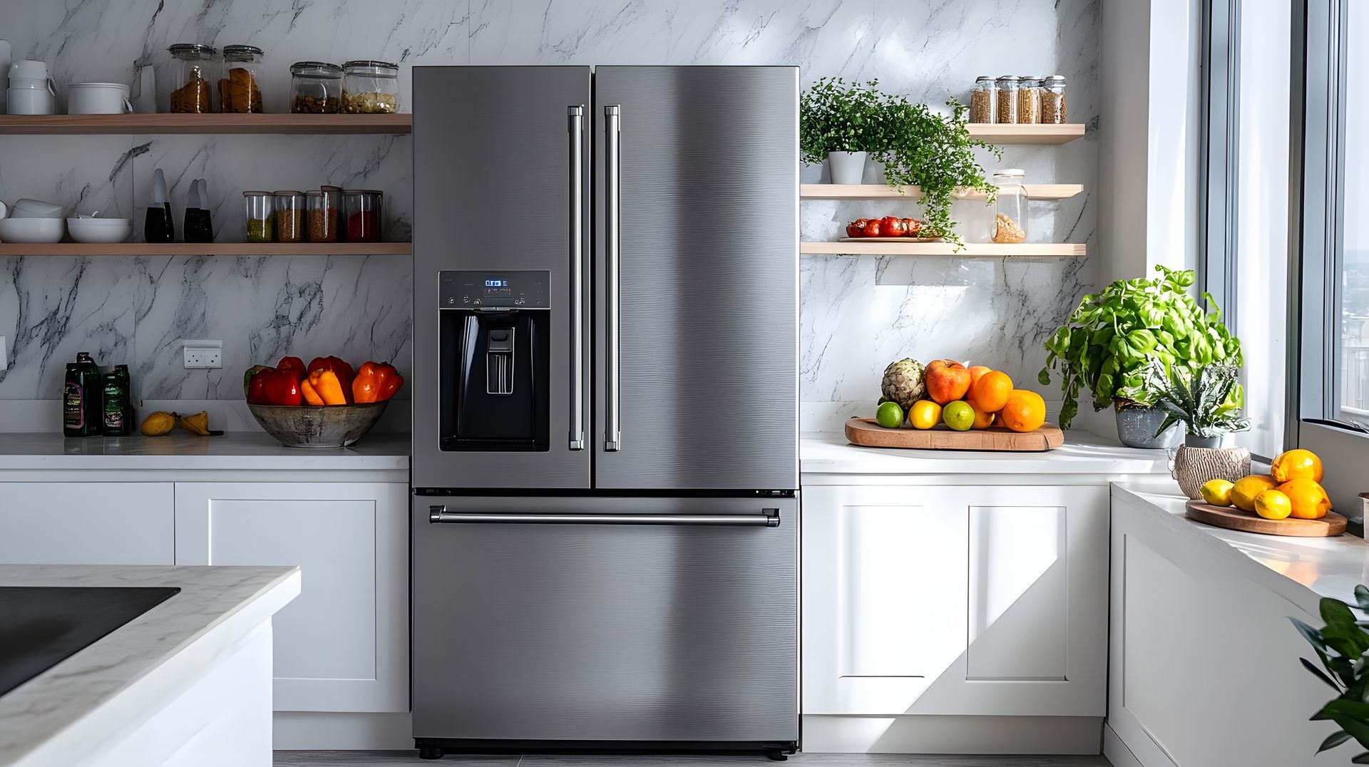 Modern kitchen with stainless steel fridge, white cabinets, open shelves, fruit, and plants