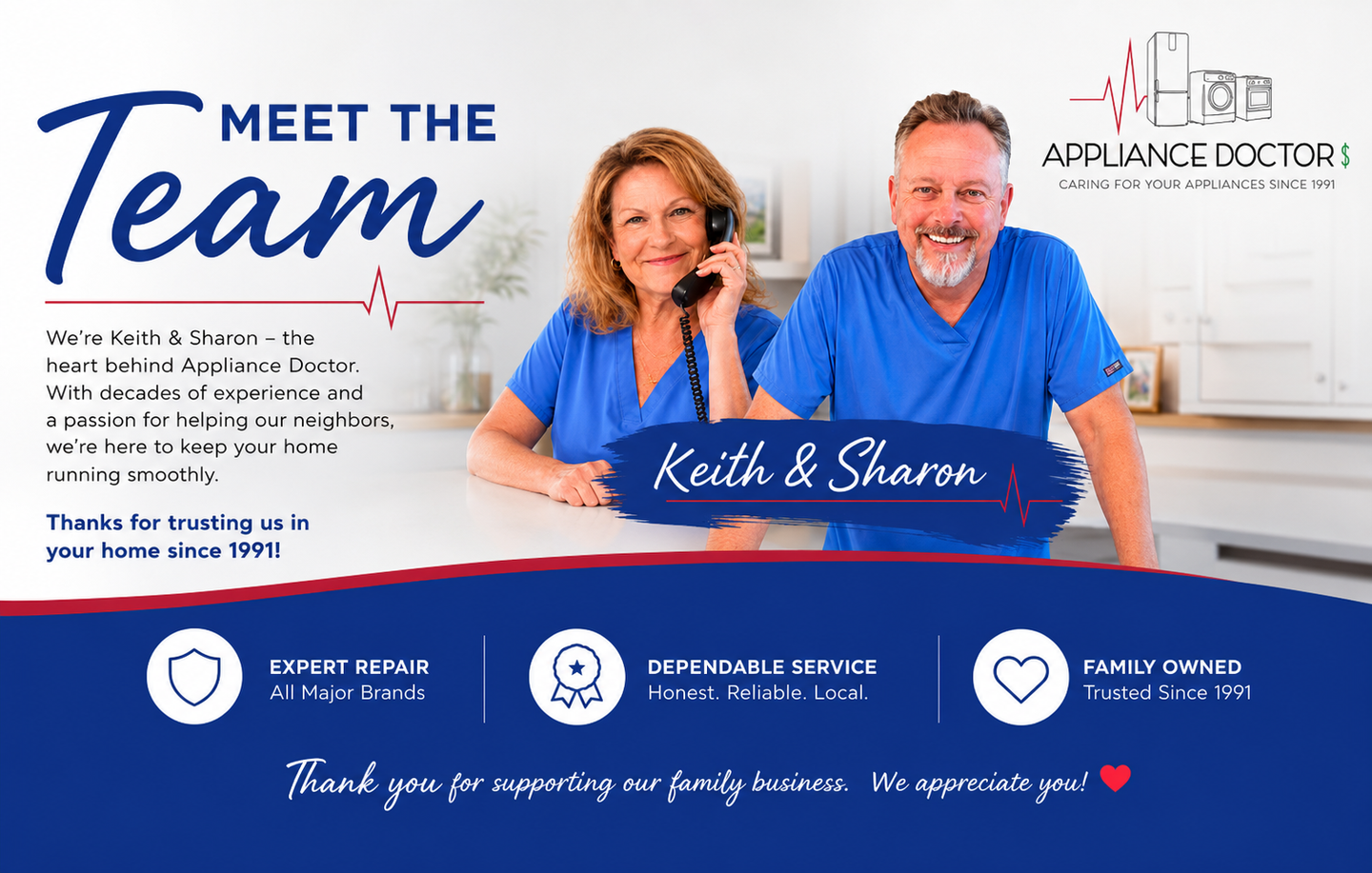 Meet the team banner with two smiling people in blue shirts and Appliance Doctor branding