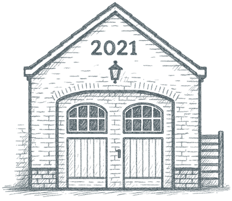 Een zwart-wit tekening van een garage met het jaartal 2021 erop.