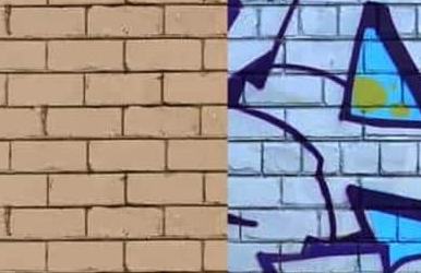 Een bakstenen muur met graffiti erop en een bakstenen muur zonder graffiti.