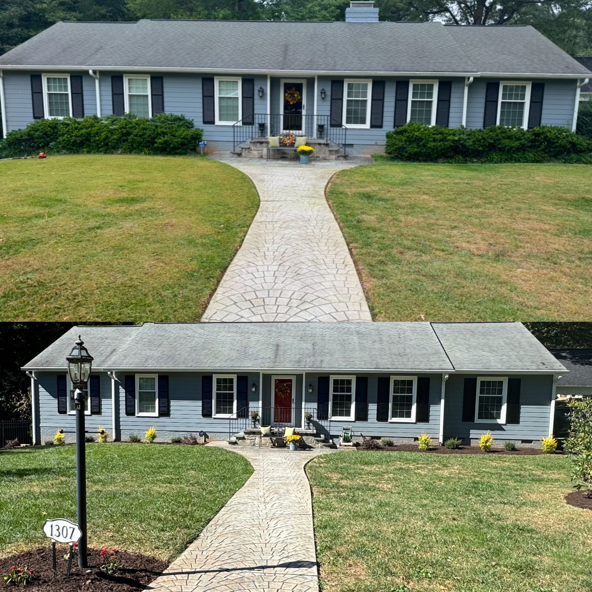 Single-story gray house with a curved walkway and lawn, shown from two front-yard angles.