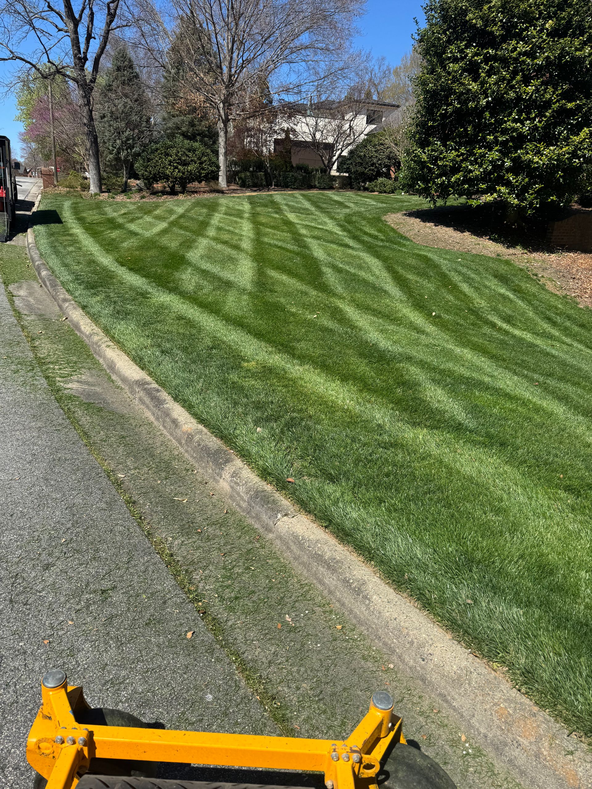 Freshly mowed grassy slope beside a gravel road under a bright blue sky