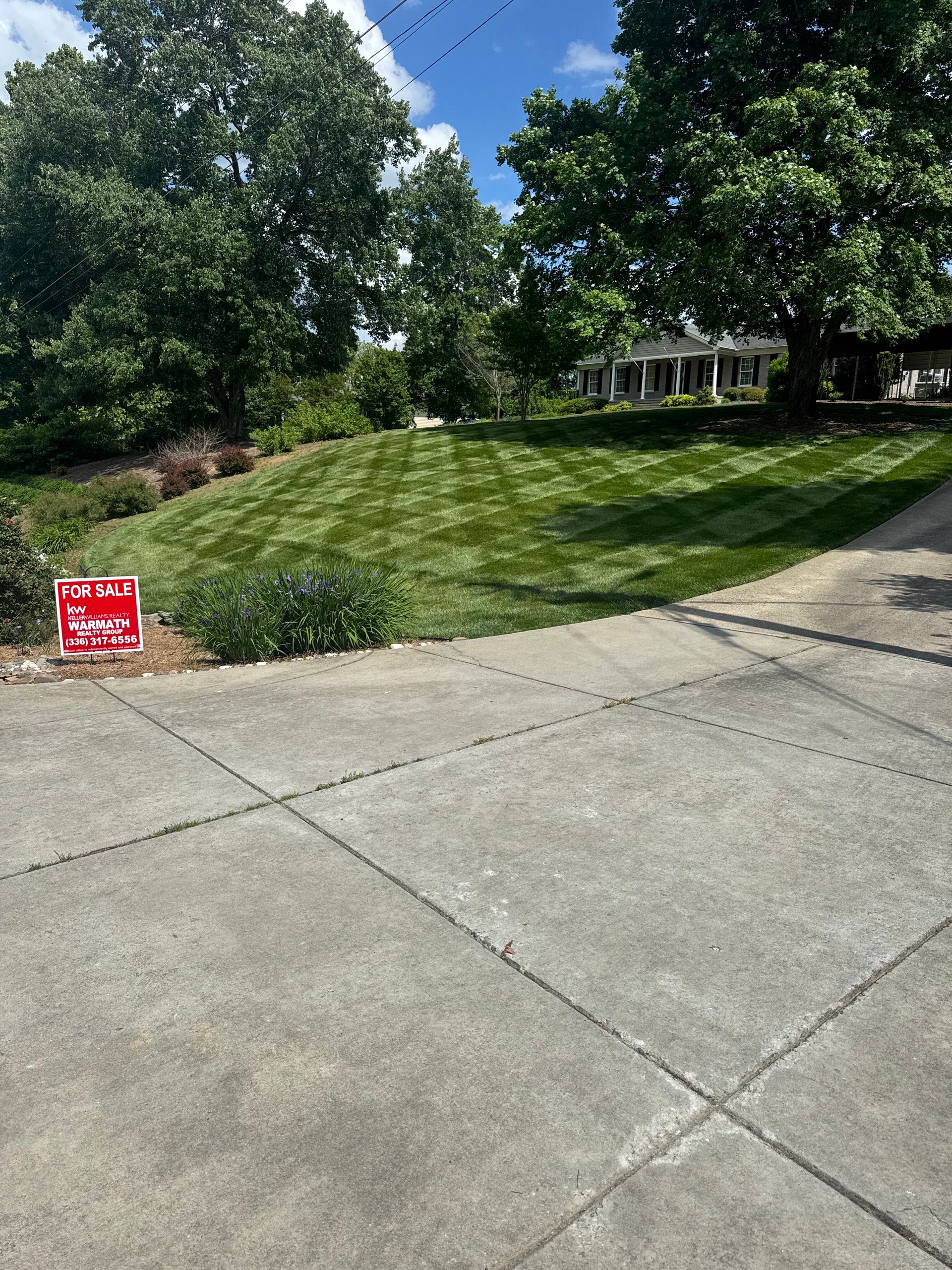Grassy roadside slope with trees, a house in the background, and a red yard sign near the sidewalk.