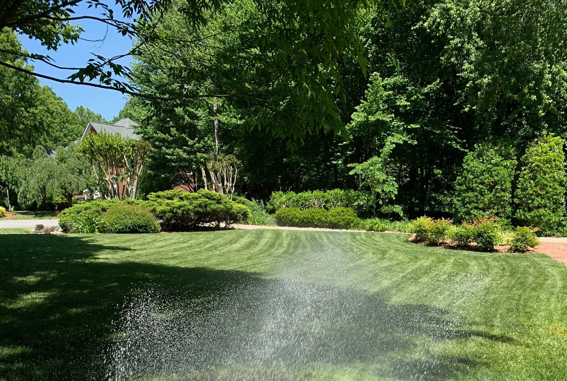 Lawn sprinkler spraying water across a sunlit green lawn in a landscaped park.