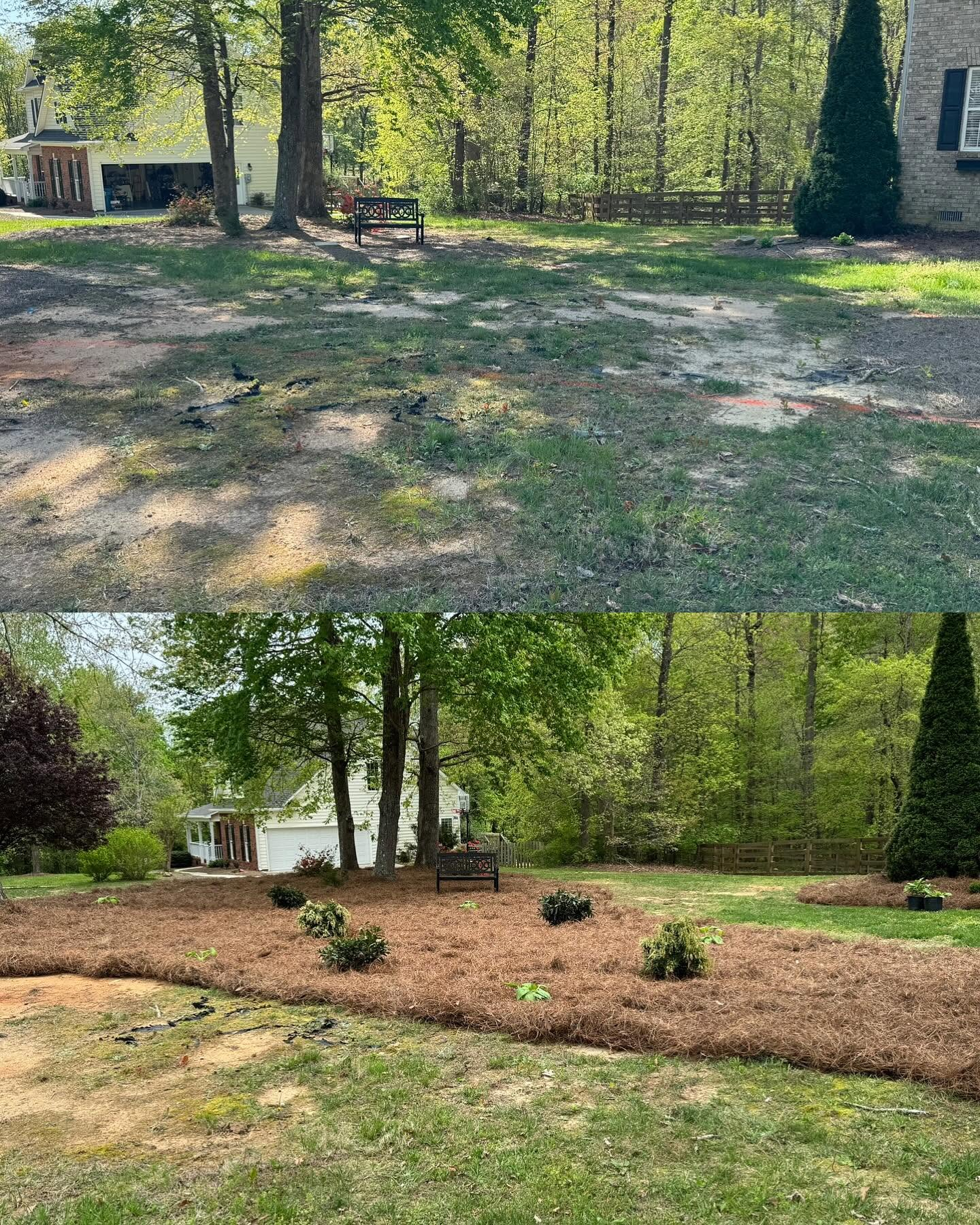 Before-and-after yard landscaping: bare grass and dirt above, mulched garden beds with shrubs below.