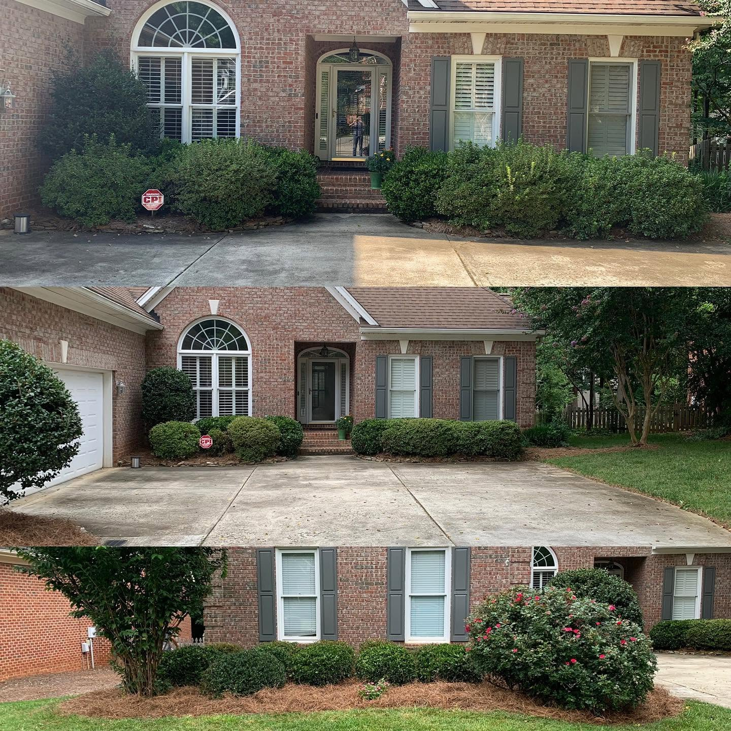 Brick house facade with arched window, front door, driveway, and trimmed hedges.