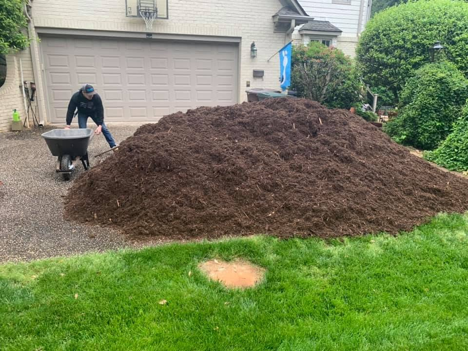 Person pushing a wheelbarrow beside a large mulch pile in a suburban driveway and lawn