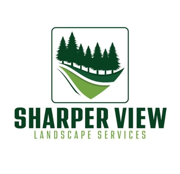Sharper View Landscape Services logo with green trees and curved lawn design