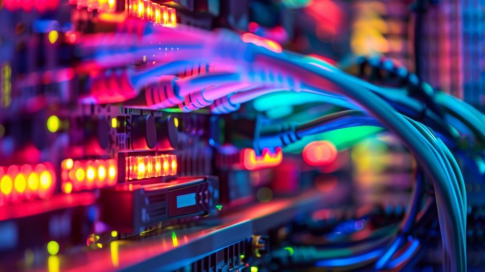 Network server with glowing red and blue lights, connected by ethernet cables.