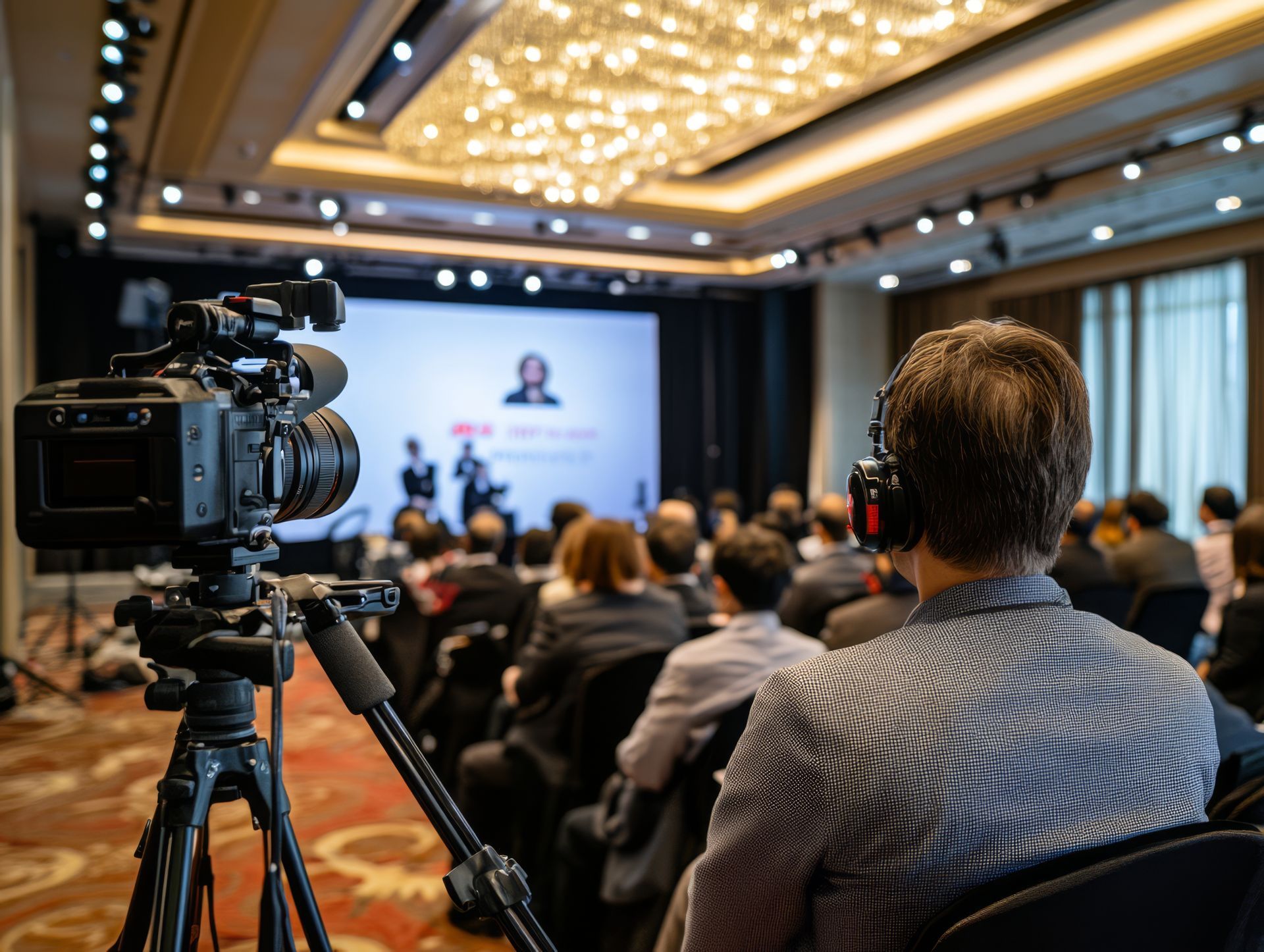 A man is sitting in front of a camera in a conference room.