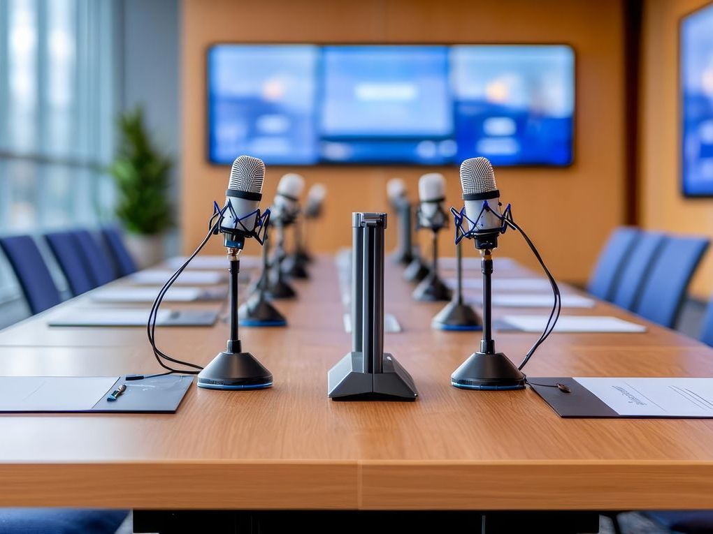 There are many microphones on the table in the conference room.
