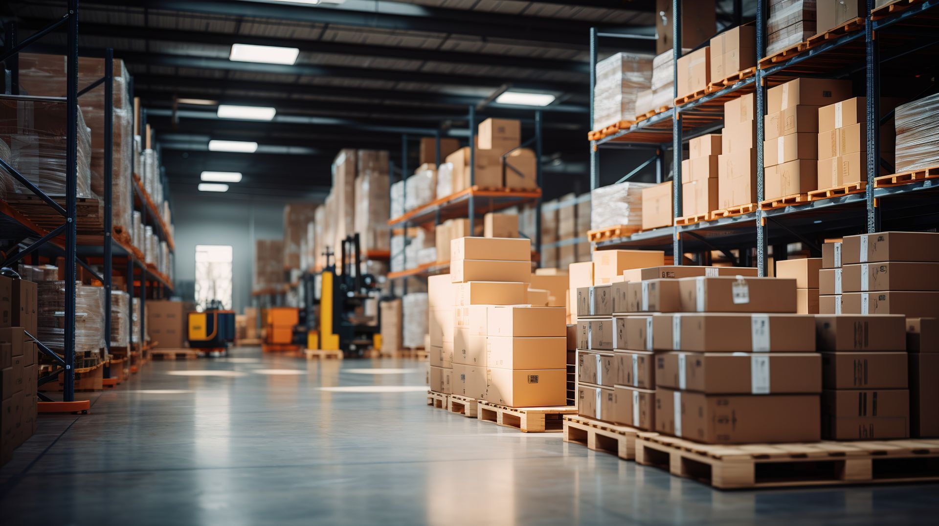 A large warehouse filled with lots of boxes and pallets.
