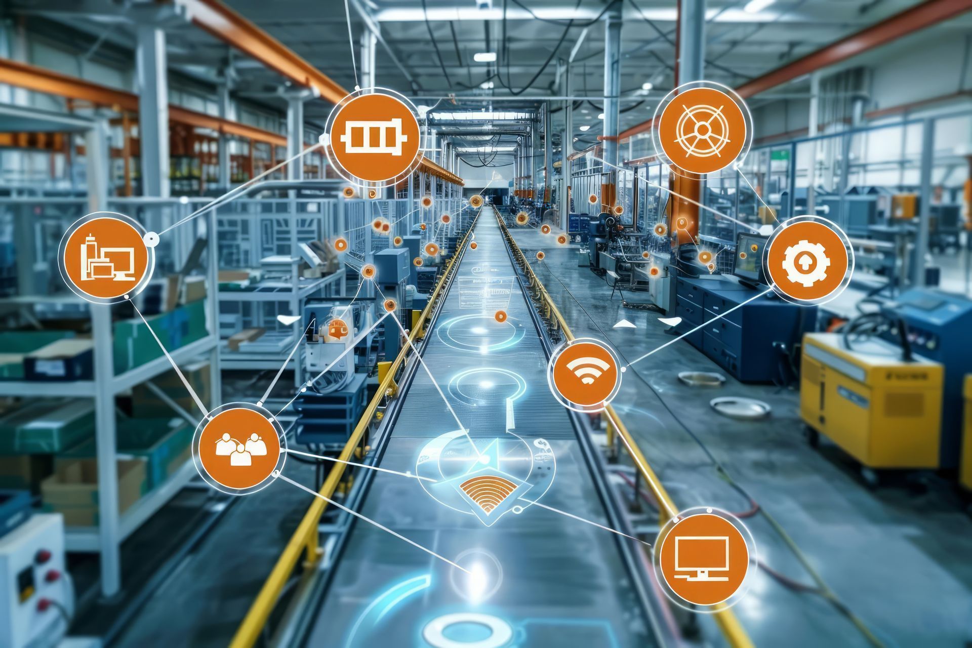 A factory with a conveyor belt and a lot of icons on the floor.