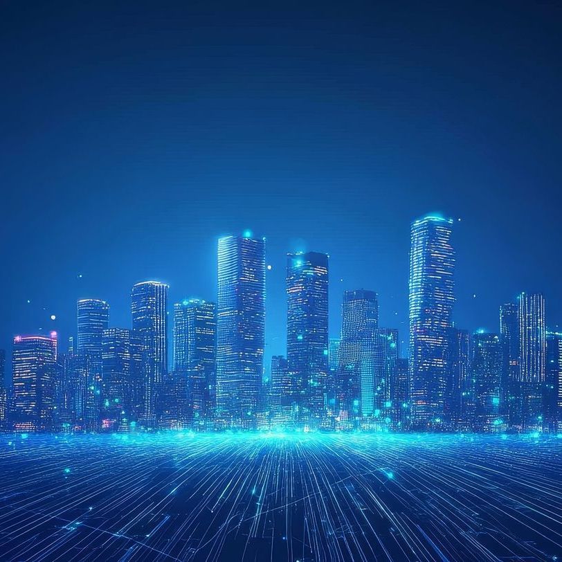 It looks like a futuristic city with a lot of buildings and lights.