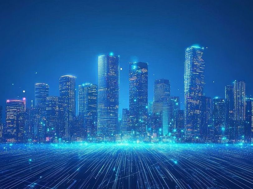 A computer generated image of a futuristic city at night.