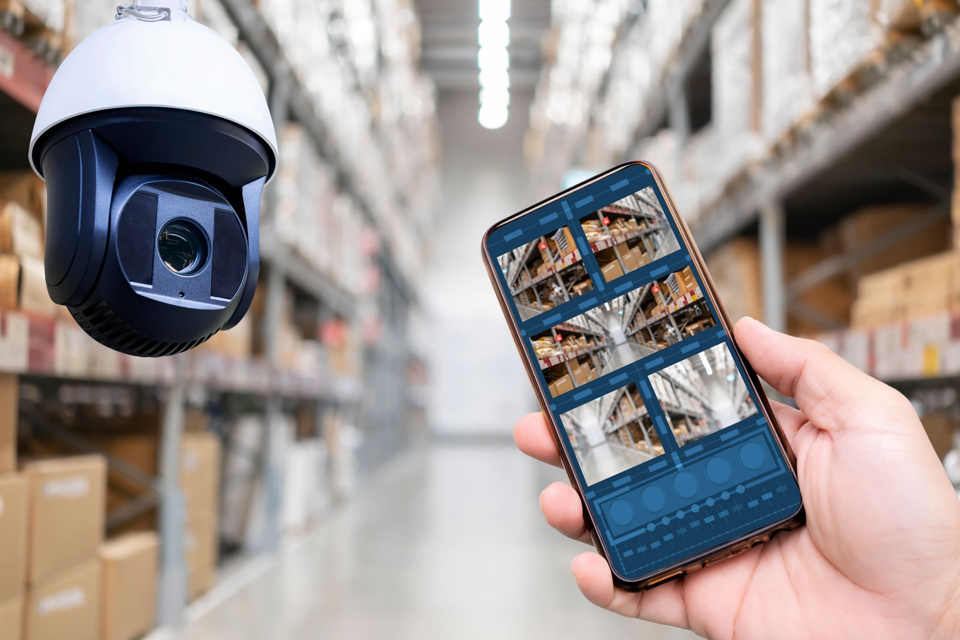 A person is holding a cell phone in front of a security camera in a warehouse.