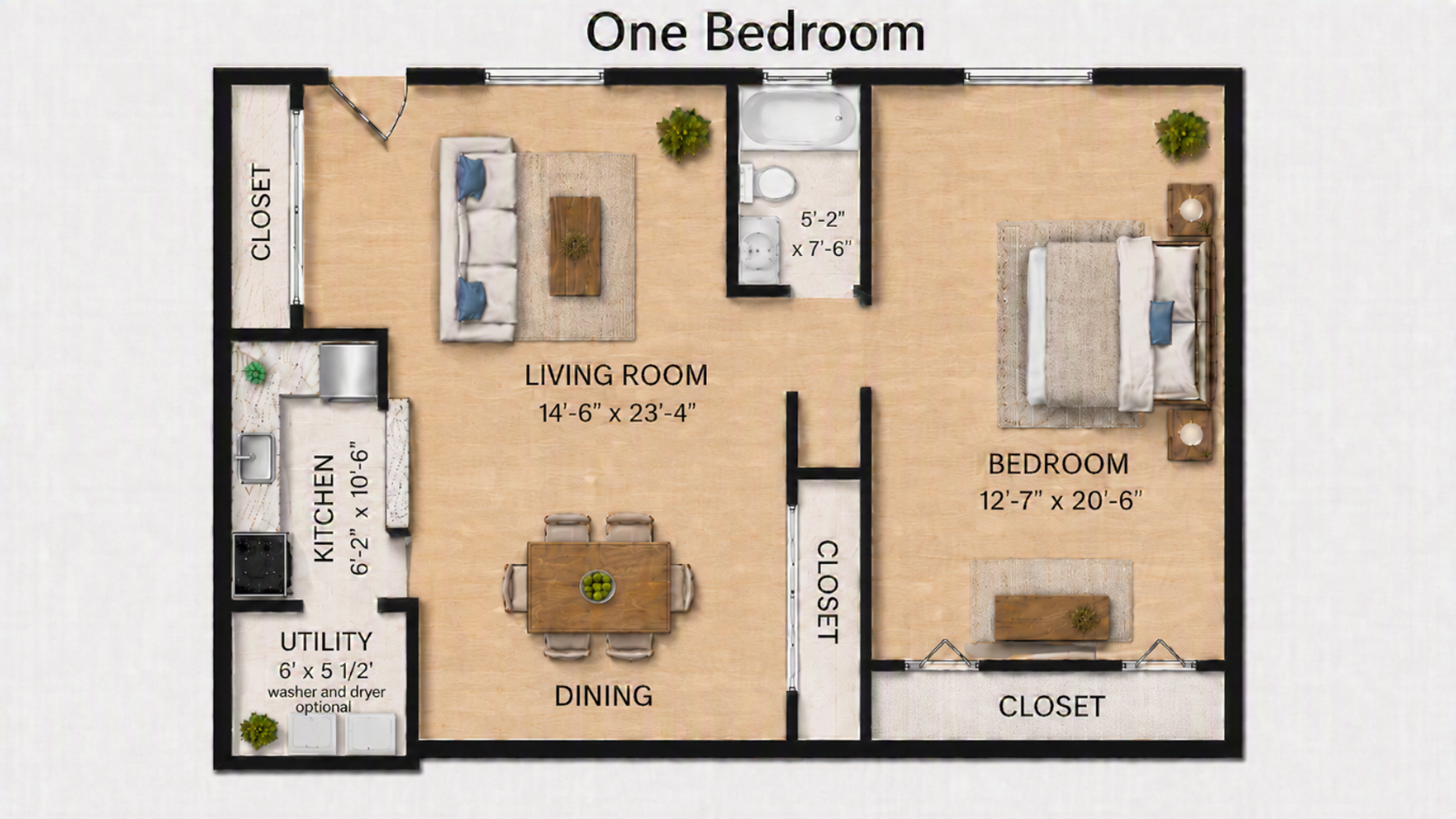 A 3d floor plan of a small apartment with a bedroom , living room , and bathroom.