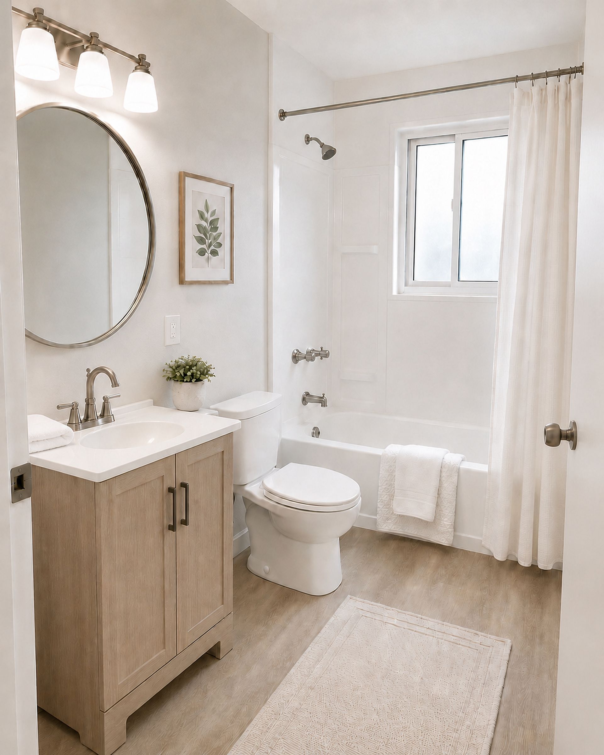 Bright bathroom with white shower curtain, wood vanity, round mirror, and beige rug