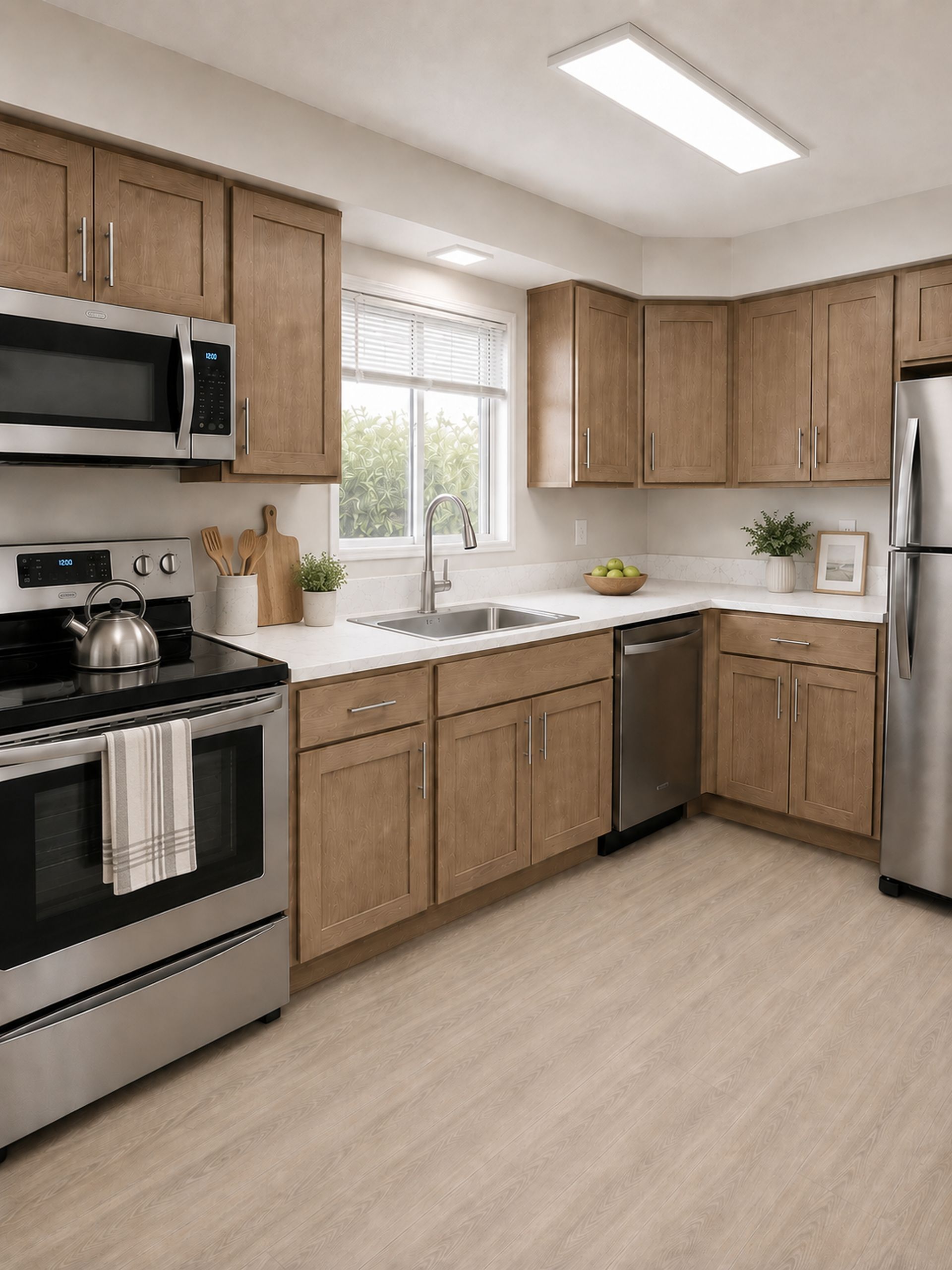 Bright modern kitchen with wooden cabinets, stainless appliances, white countertops, and a window over the sink.