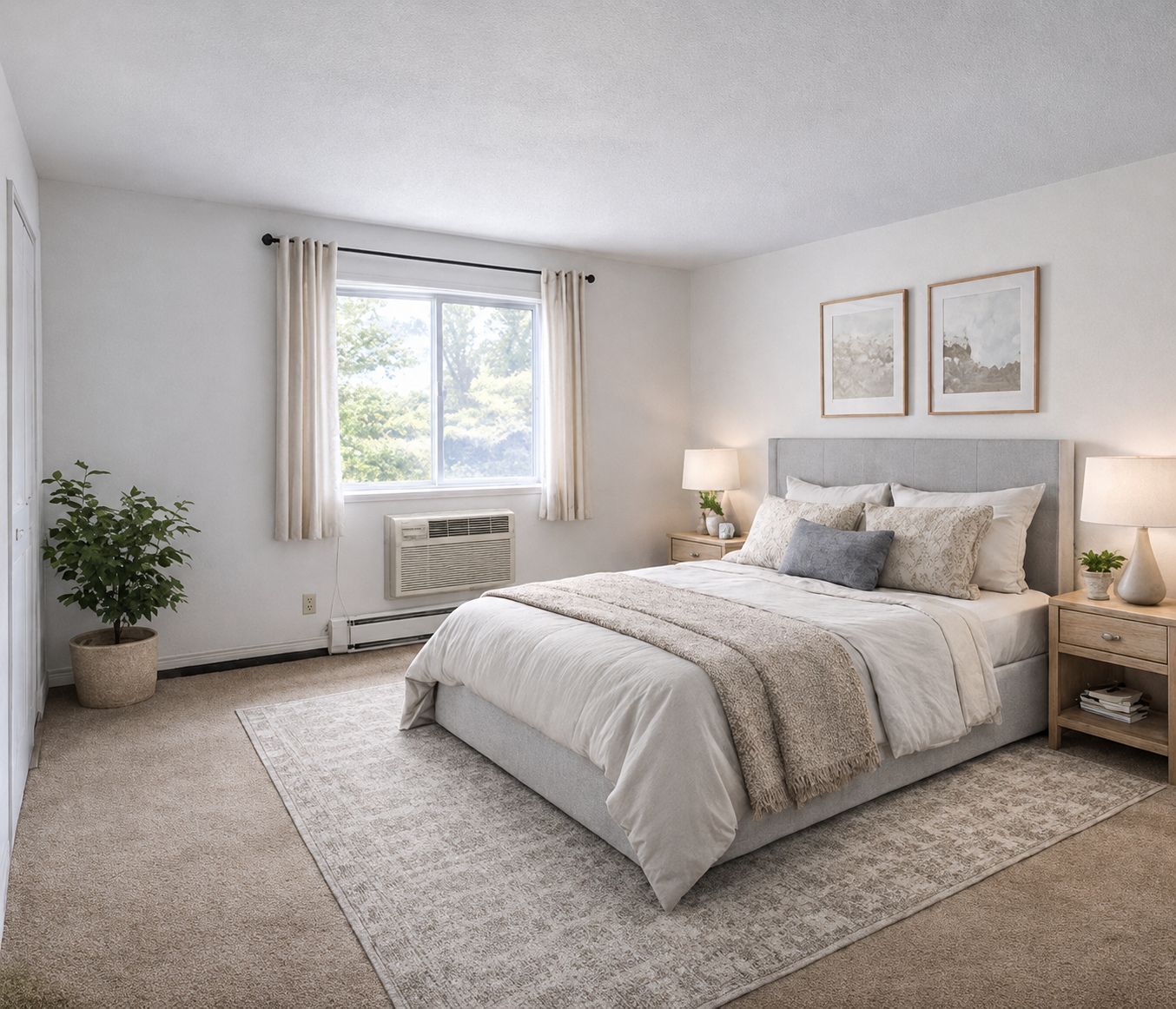 Bright bedroom with a white bed, beige rug, window, bedside lamps, and framed wall art