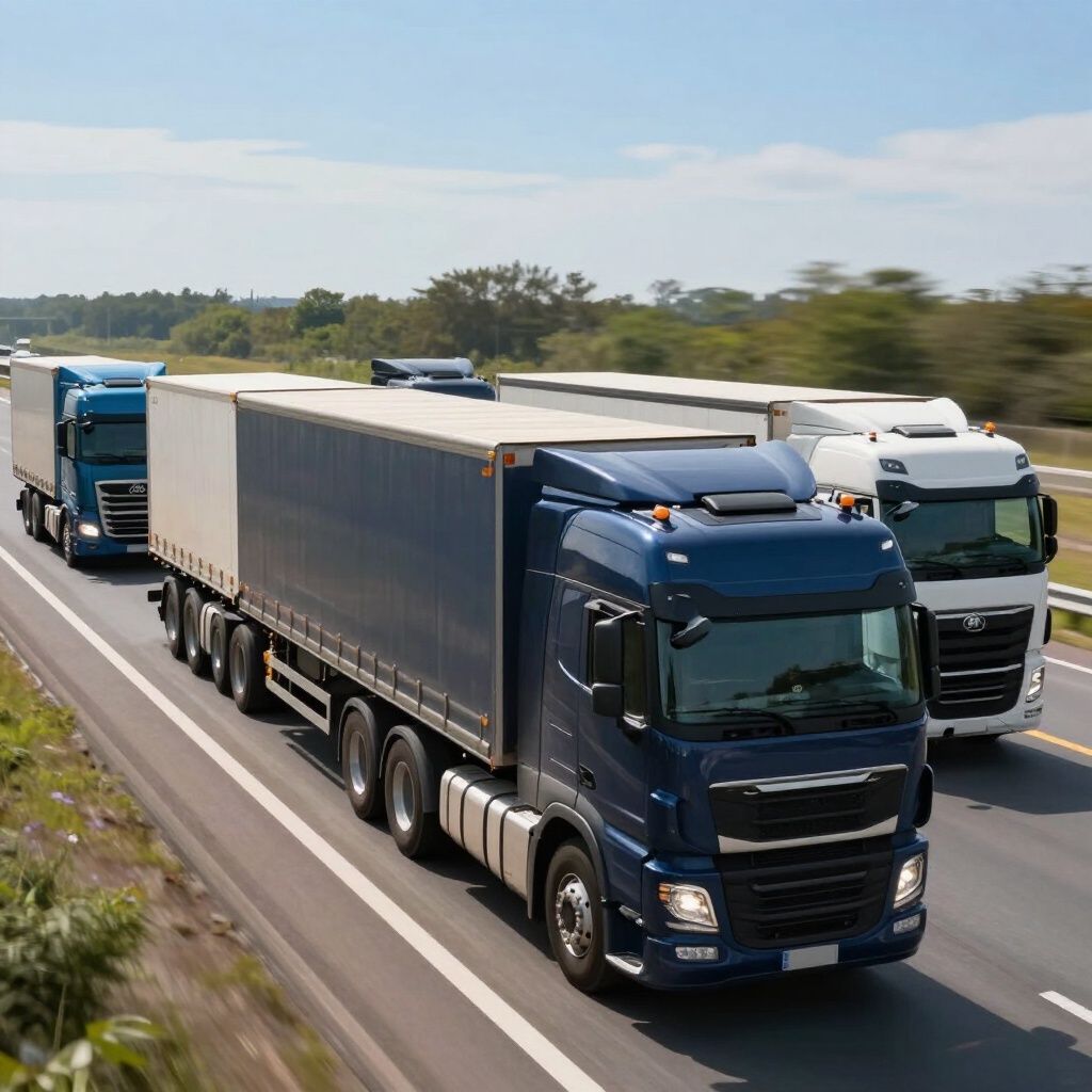Three semi trucks driving side by side on a highway