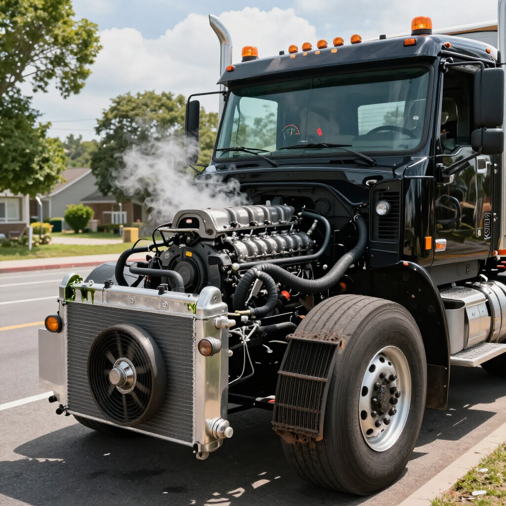 Black semi truck chassis with exposed engine parked on a street