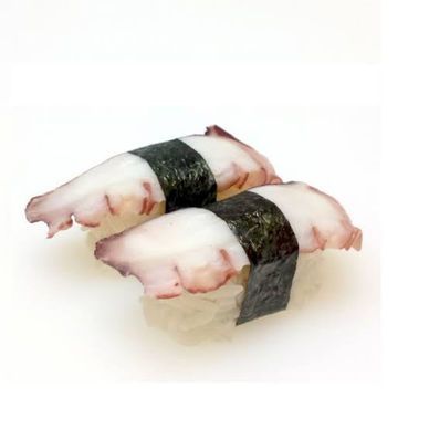 Two pieces of nigiri sushi with white fish and dark green seaweed bands on a white background