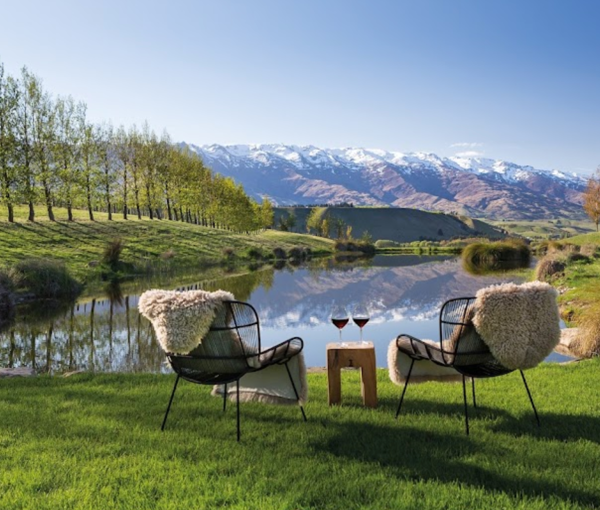 A famous and picturesque vineyard against a backdrop of scenic hills and clear skies