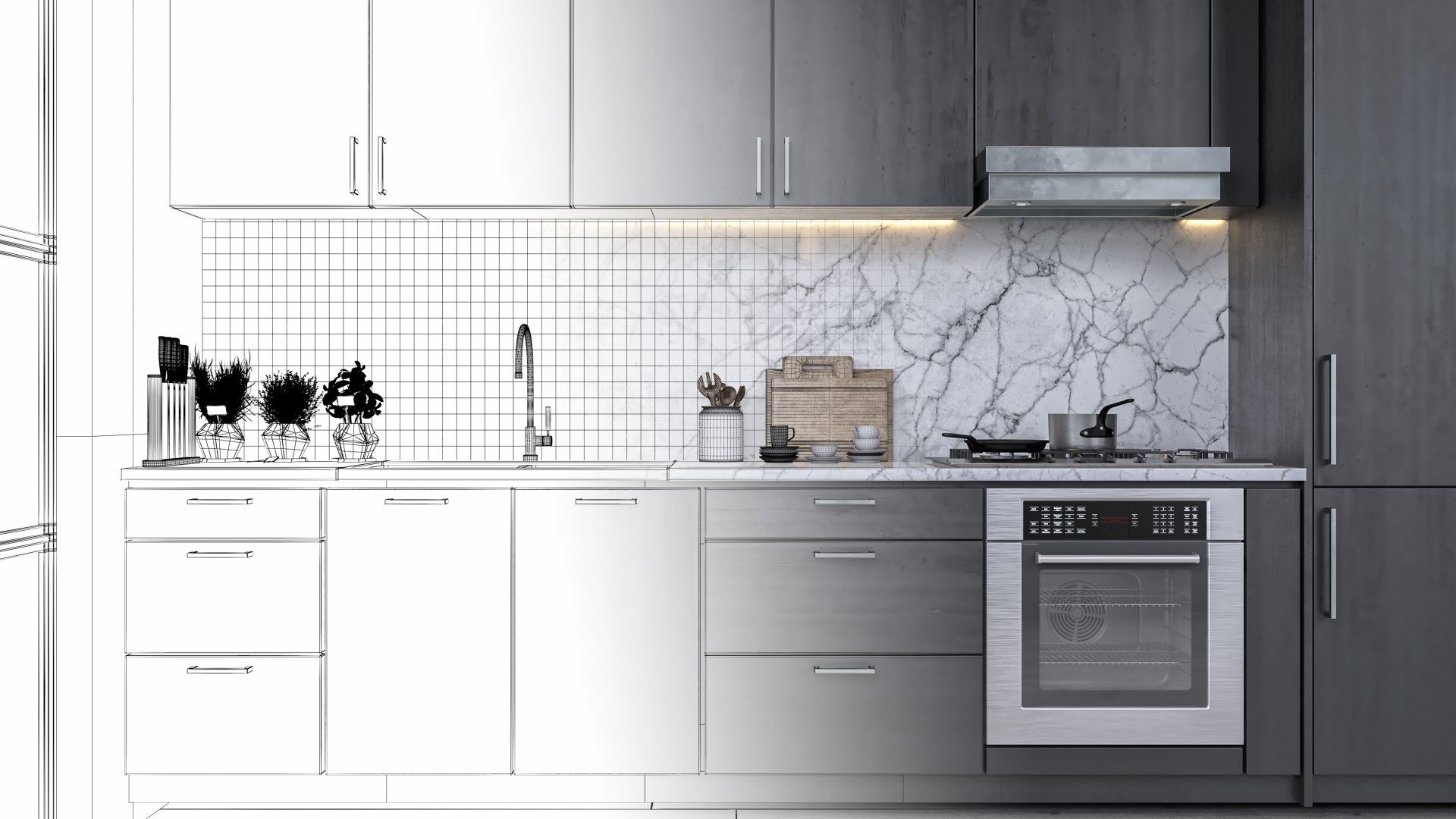 Concept di design per la cucina: metà schizzo, metà rendering. Include mobili, elettrodomestici e paraschizzi in marmo.