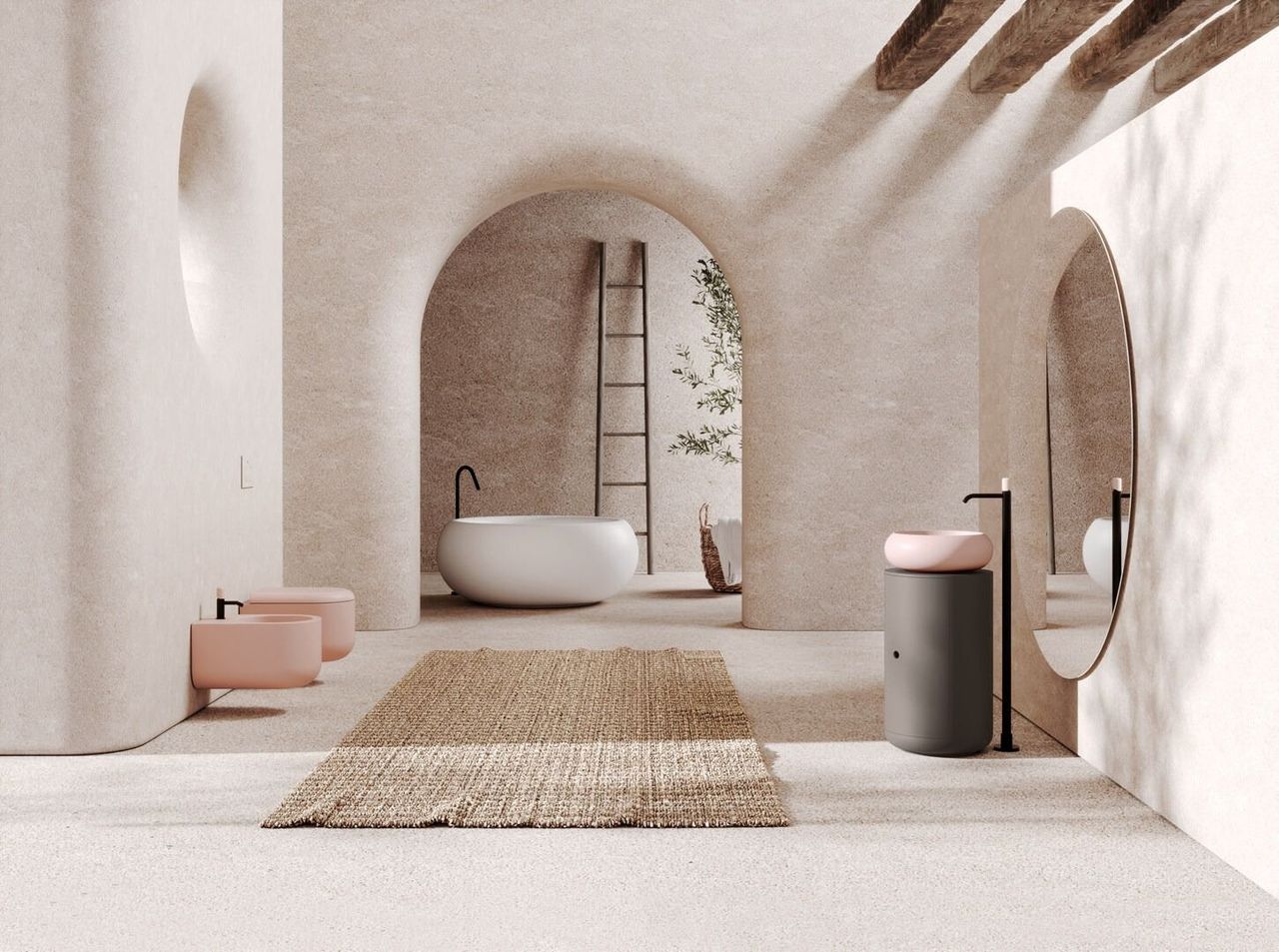 Lussuoso bagno con vasca bianca, mobile lavabo e piastrelle color marrone chiaro/marrone.