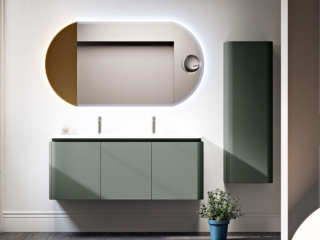 Bagno moderno con piastrelle blu, doccia, WC, bidet, mobile lavabo e specchio.