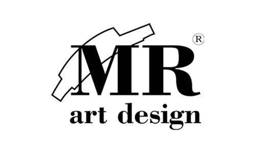Logo per "MR art design" con lettere stilizzate ed elementi grafici.
