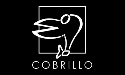 Logo: forma stilizzata a forma di uccello all'interno di cornice, sotto la scritta "COBRILLO" testo bianco sfondo nero.