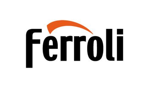 Logo Ferroli: testo nero con arco arancione sopra.