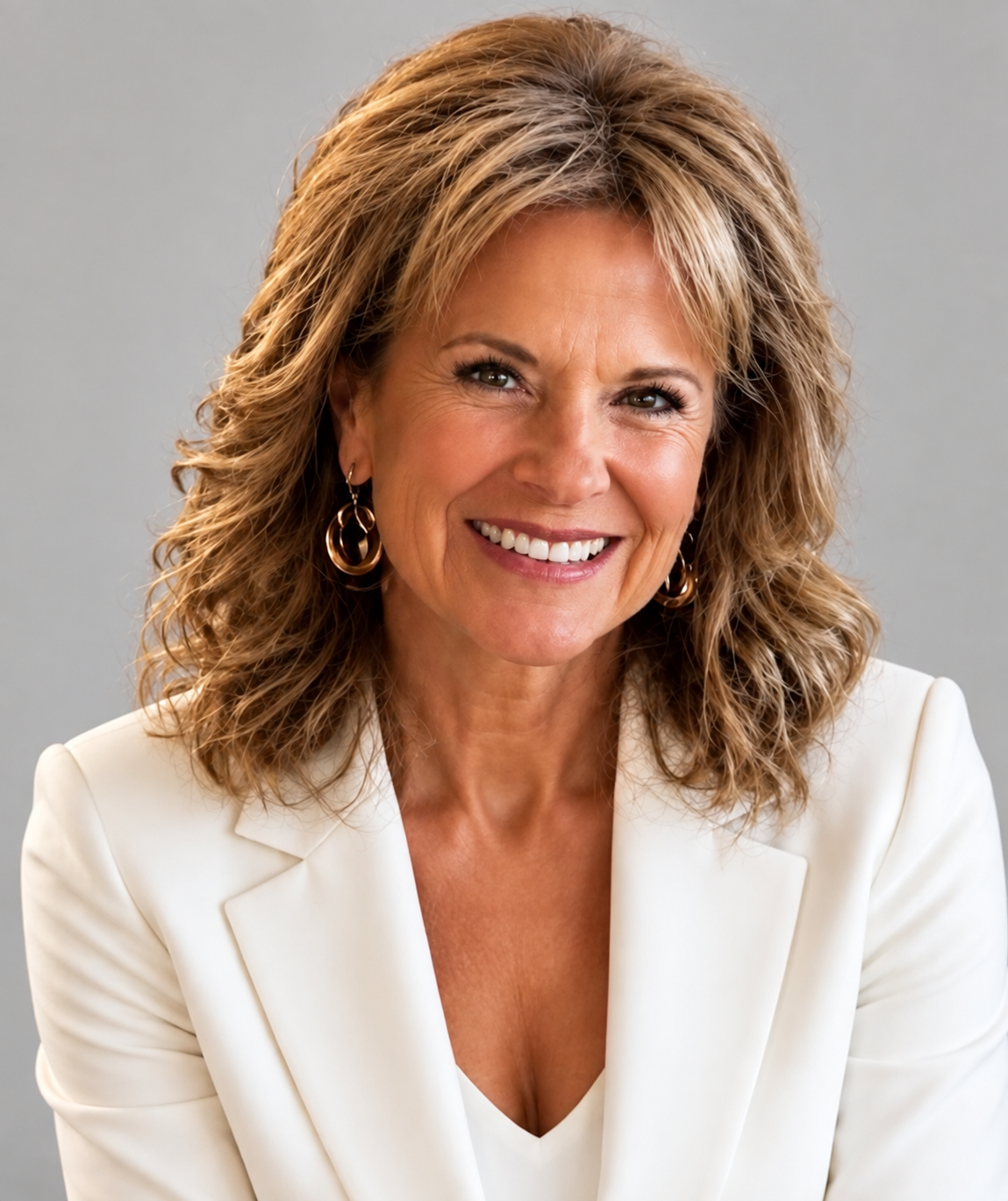 A woman in a black jacket and pearl necklace is smiling.