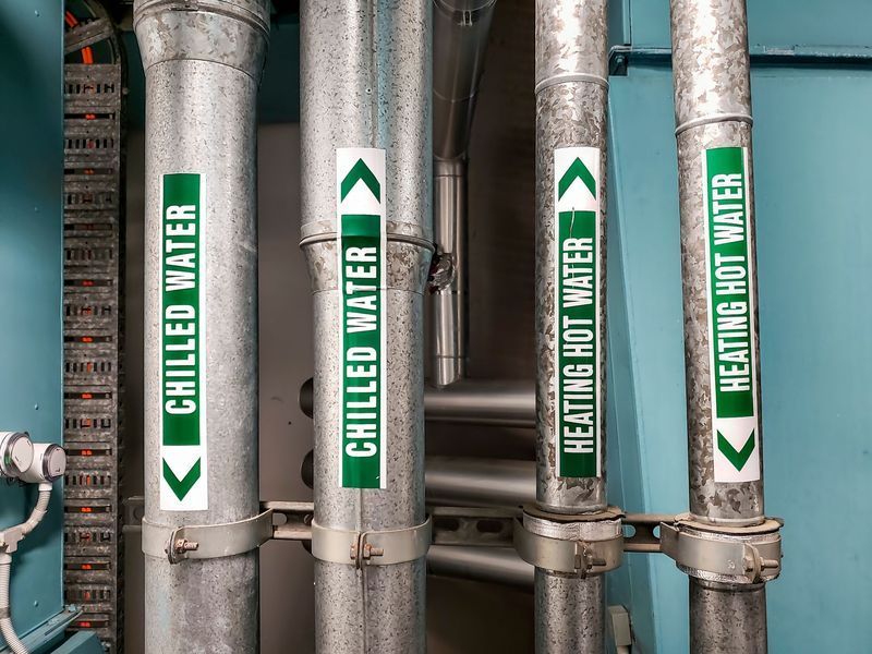 Industrial pipes labeled “chilled water” and “heating hot water” against a blue wall