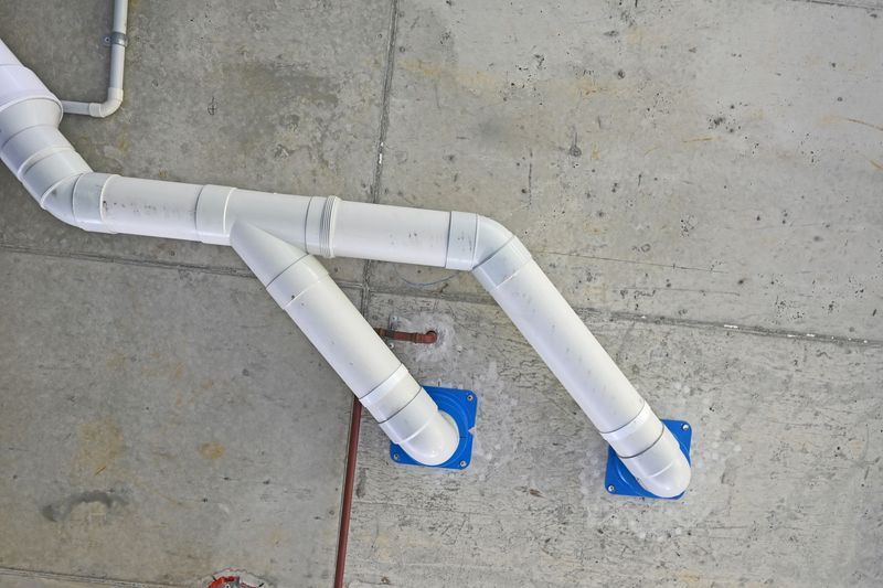 White HVAC ducts branching through a gray concrete wall with blue mounting plates