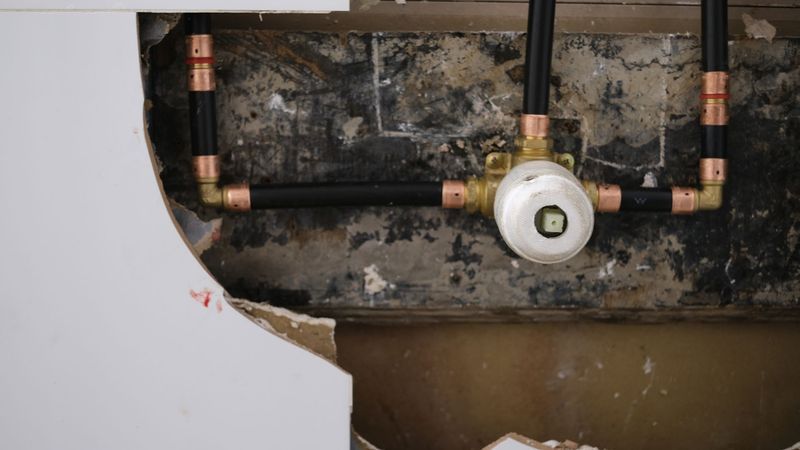 Exposed plumbing and a wall-mounted pipe fitting above a damaged, peeling wall opening