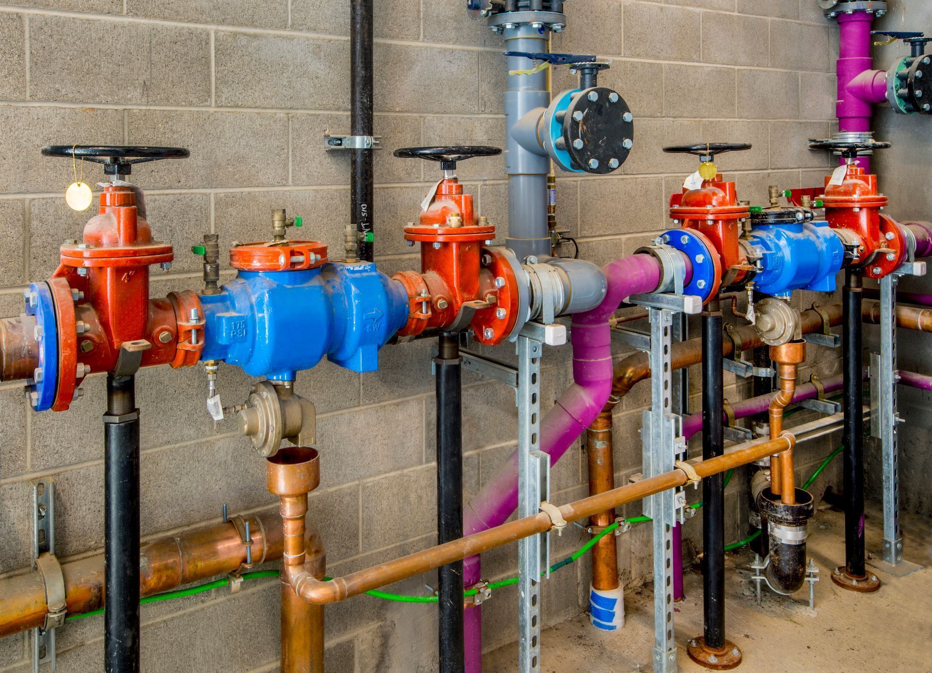 Plumbing tools and pipe fittings arranged over a house blueprint
