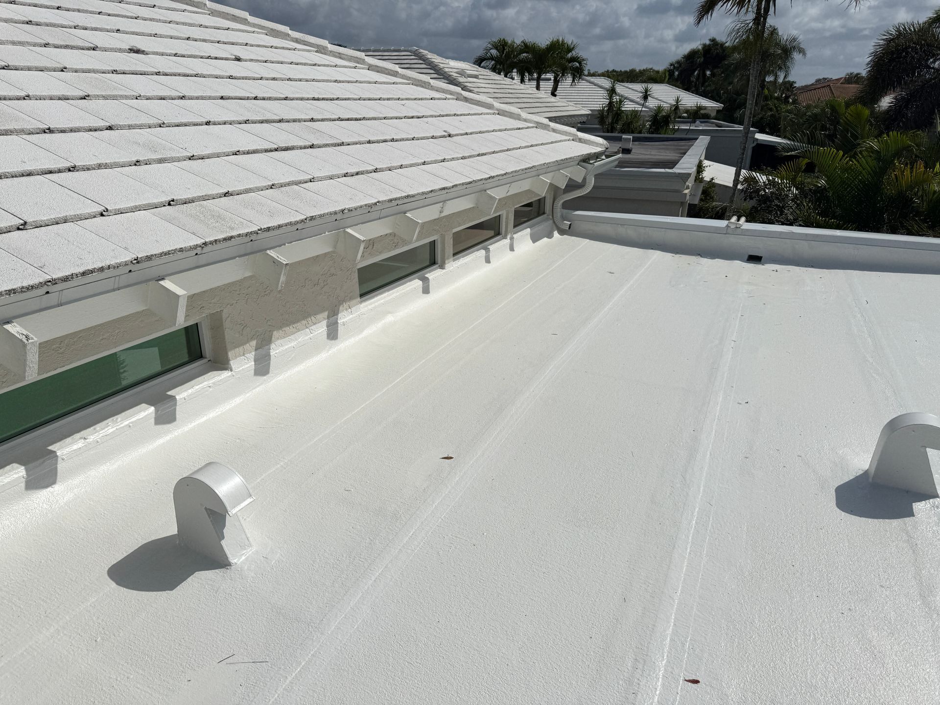 White roof with a tiled section, flat section, and a glimpse of palm trees.